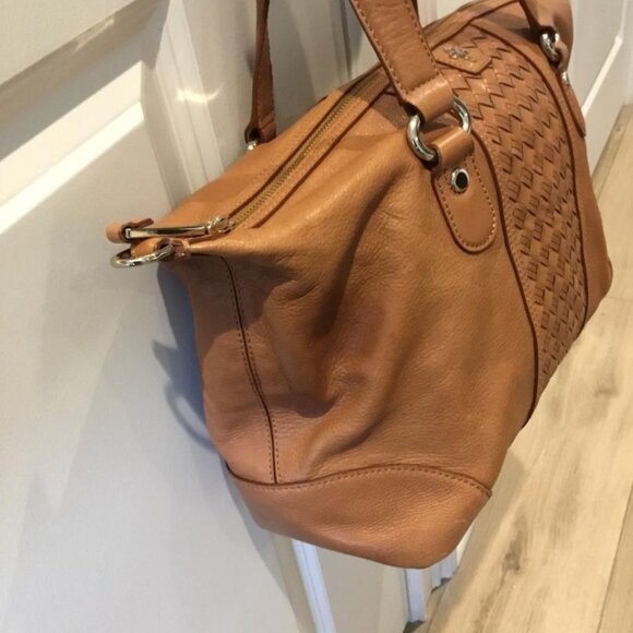 Cole Haan Heritage Weave Leather Archer Satchel Bag in Cognac with Zip Closure - Picture 5 of 13